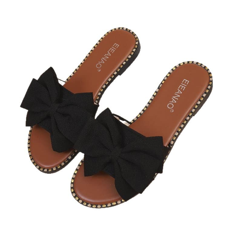 Foreign Trade Flat-Soled Rhinestone Bow Slide Sandals 6