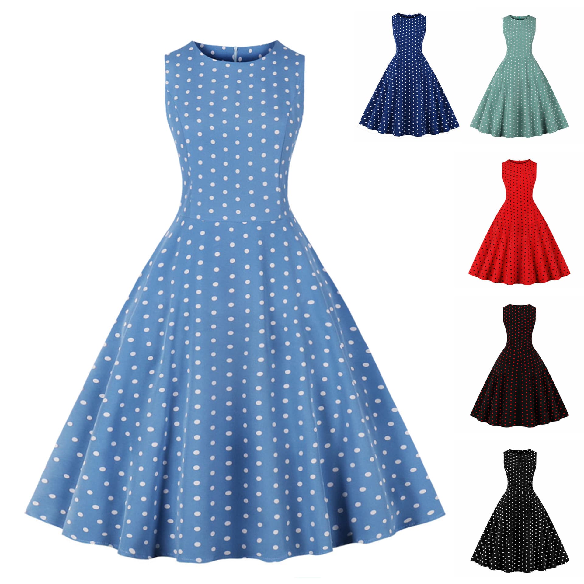 Retro Summer Round-neck Sleeveless A-line Dress With A Small Polka-dot Print And A Slim Fit 3