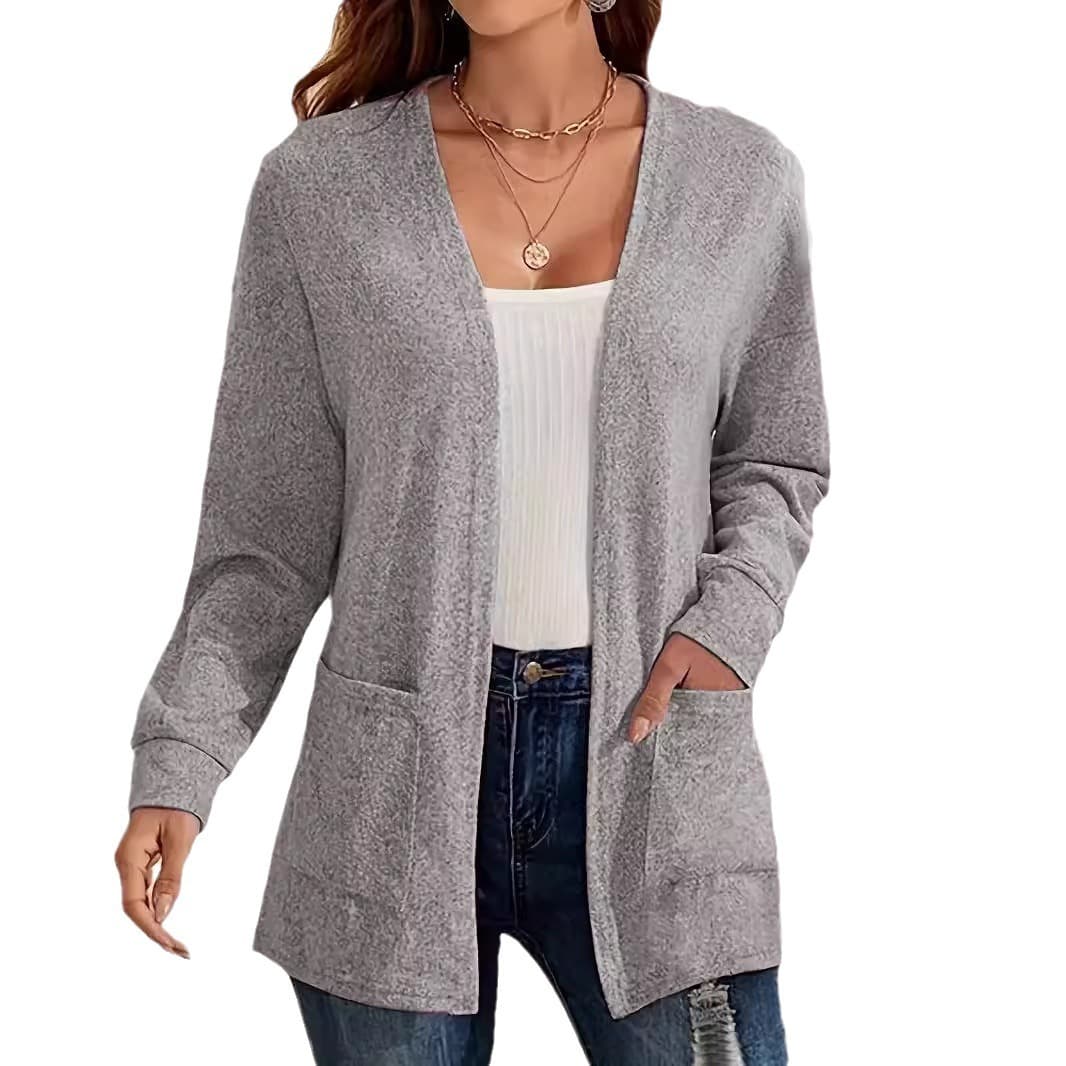 Womens Versatile Solid-color Pocketed Loose-fitting Lightweight Cardigan 2