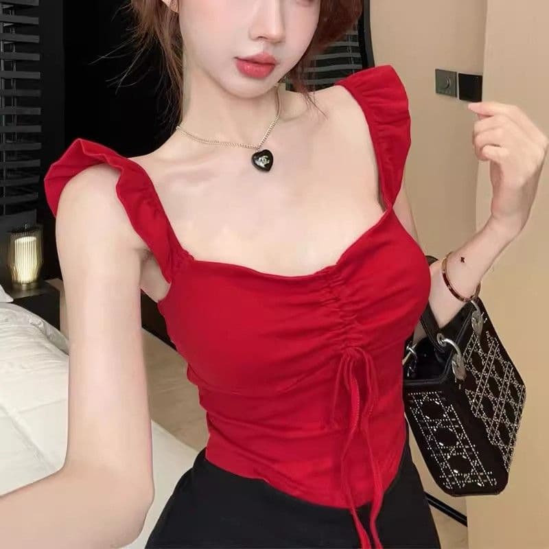 Sweet And Alluring Red Camisole With Bishop Sleeves And A Square Neckline 2