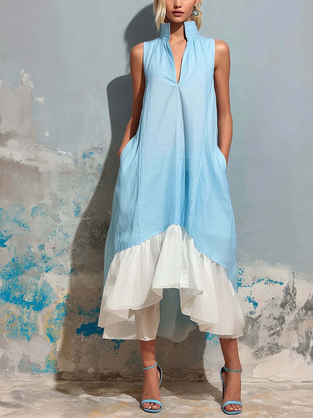 Color-block Stand-collar V-neck Asymmetrical Ruffled Dress 5