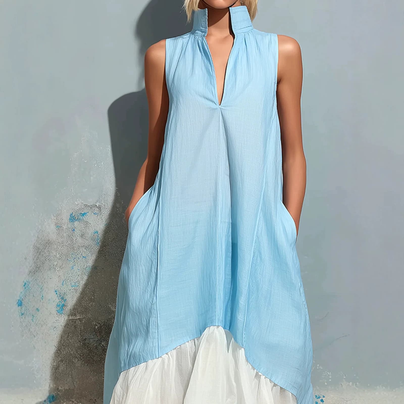 Color-block Stand-collar V-neck Asymmetrical Ruffled Dress 4