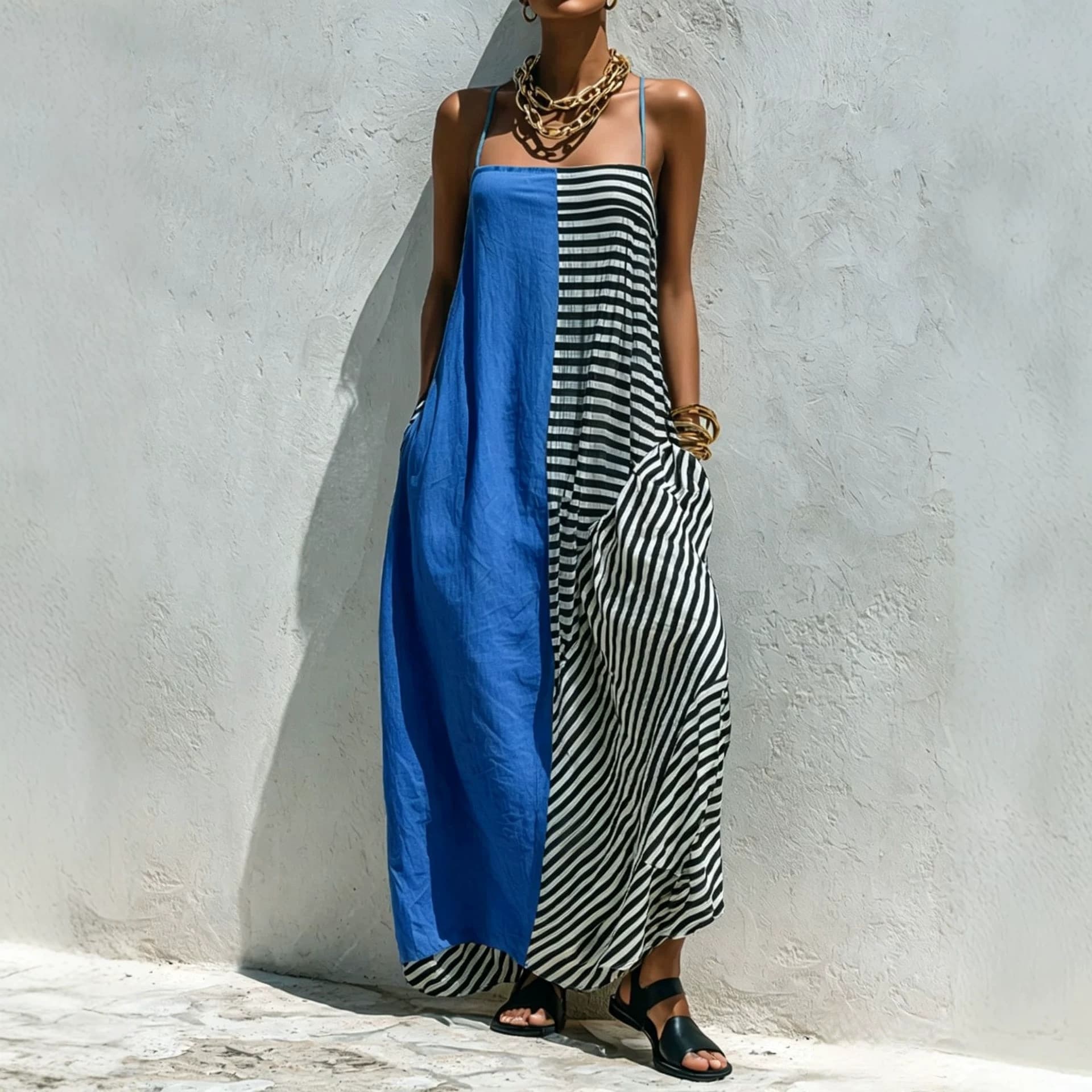 Printed Striped Strap Sleeveless Long Dress 11