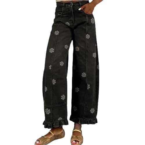 Floral-print Wide-leg Pants Loose-fitting Vintage-style Denim Imitations 2