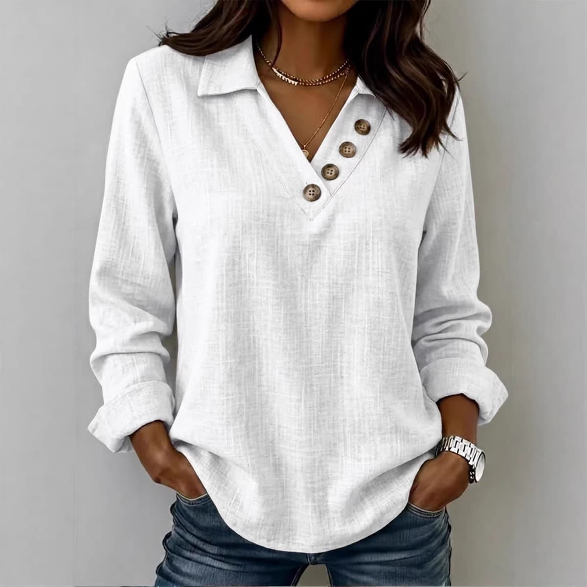 Versatile V-neck Button-up Retro Long-sleeve T-shirt 4