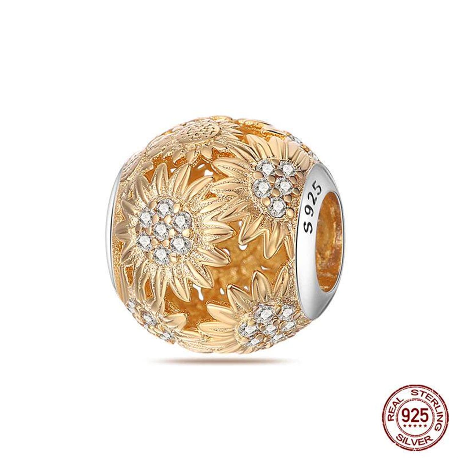 New 925 Sterling Silver Fashion Golden Sunflowers Heart 16