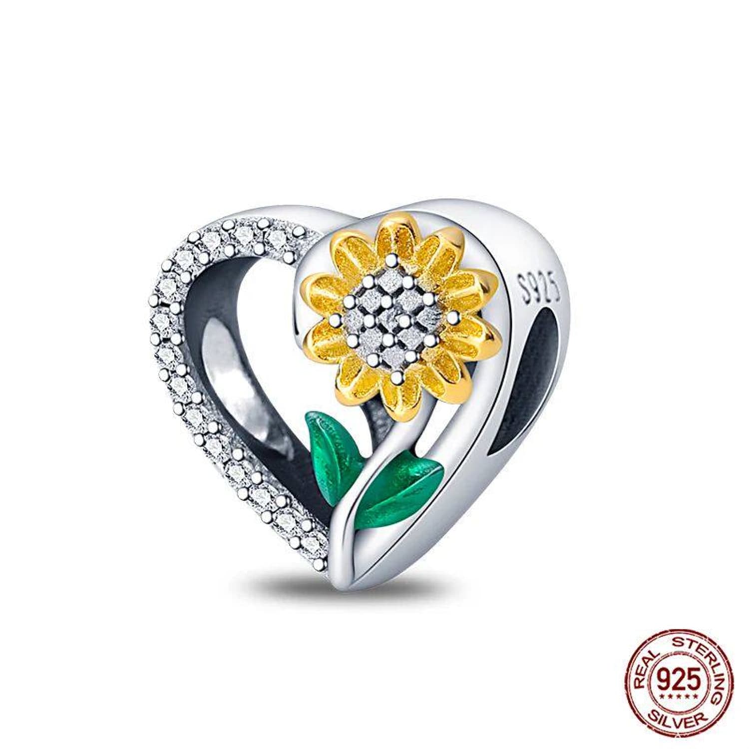 New 925 Sterling Silver Fashion Golden Sunflowers Heart 11