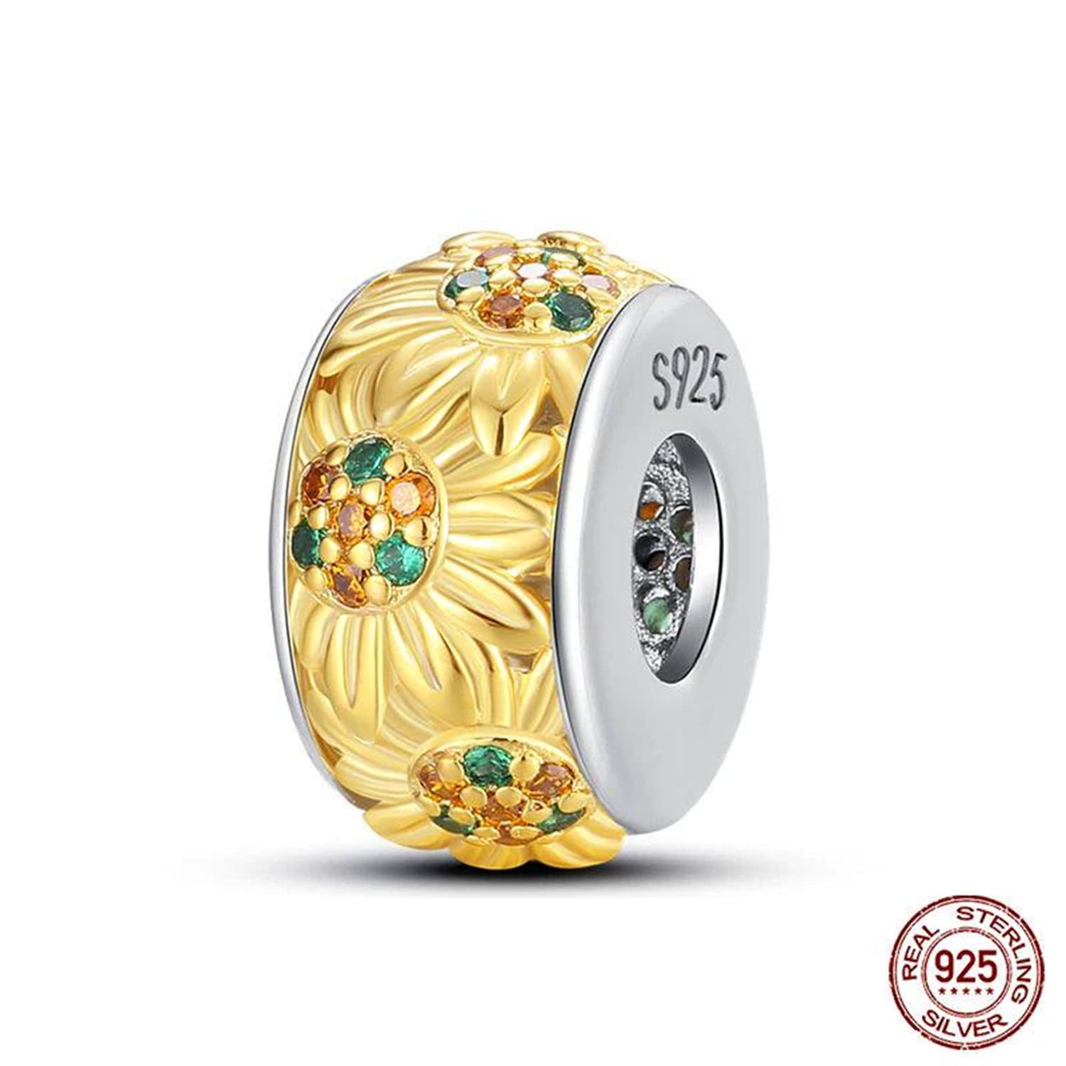 New 925 Sterling Silver Fashion Golden Sunflowers Heart 14
