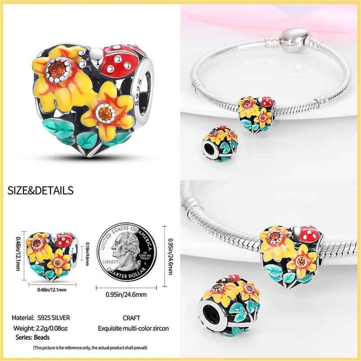New 925 Sterling Silver Fashion Golden Sunflowers Heart 7