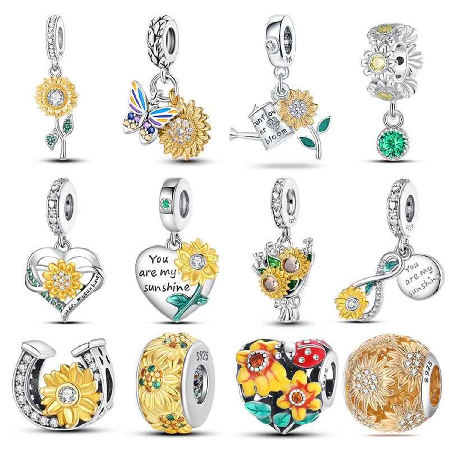 New 925 Sterling Silver Fashion Golden Sunflowers Heart 12