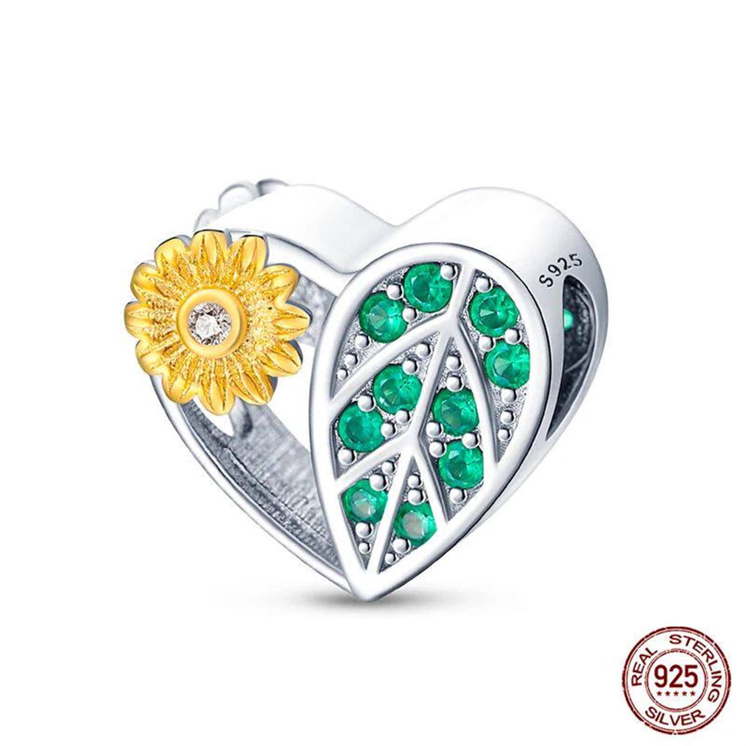 New 925 Sterling Silver Fashion Golden Sunflowers Heart 6
