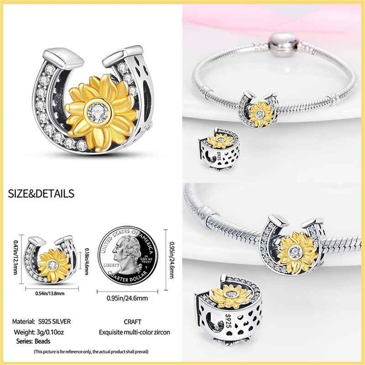 New 925 Sterling Silver Fashion Golden Sunflowers Heart 24