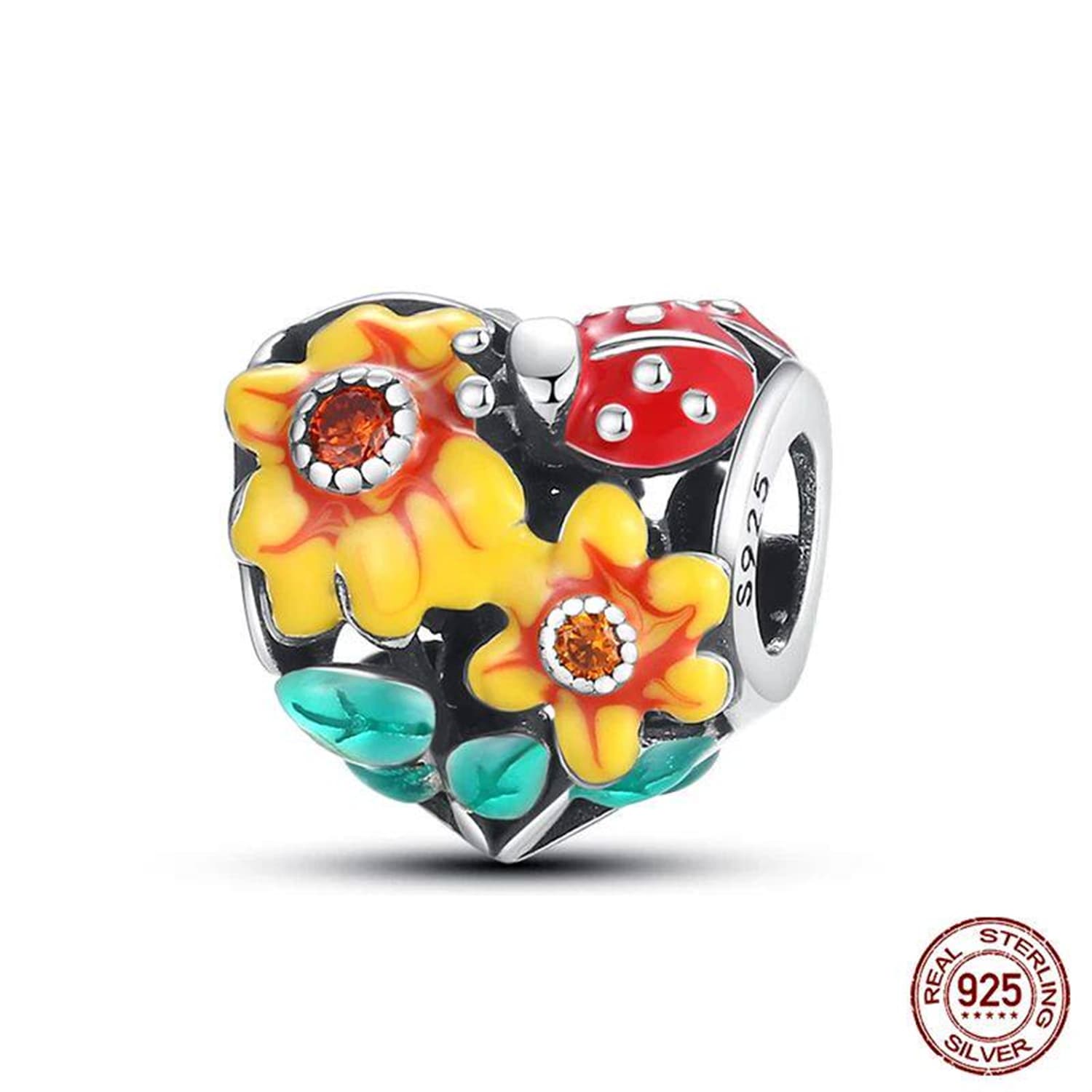 New 925 Sterling Silver Fashion Golden Sunflowers Heart 3