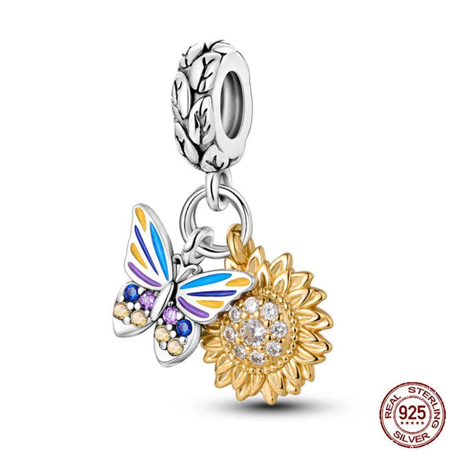New 925 Sterling Silver Fashion Golden Sunflowers Heart 15