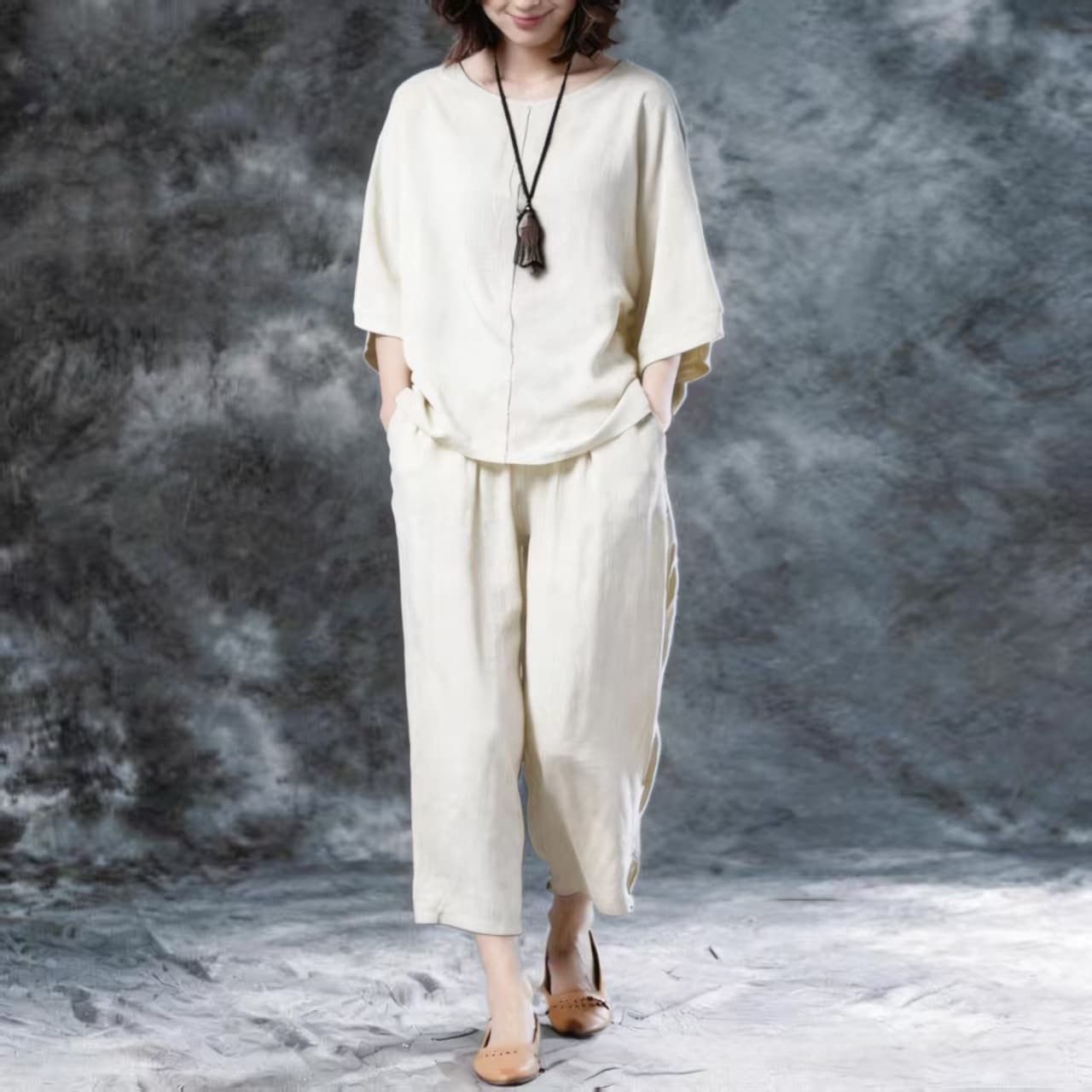 Womens Solid-Color Casual Wide-Leg Pants Set 9