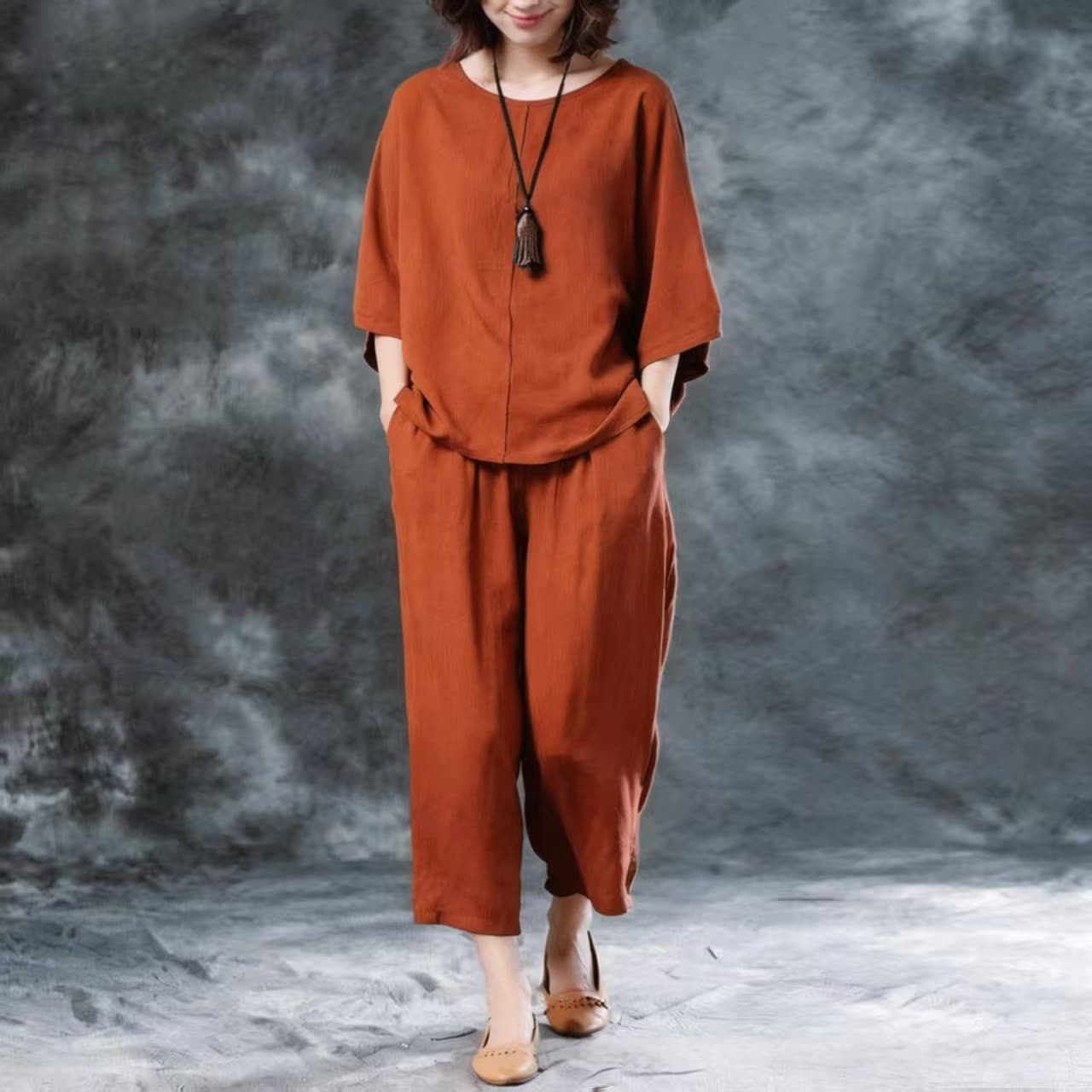 Womens Solid-Color Casual Wide-Leg Pants Set 10