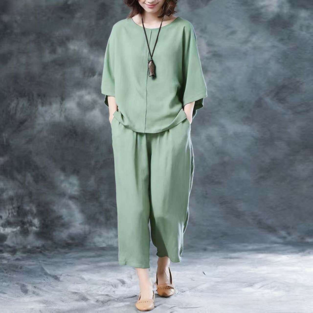 Womens Solid-Color Casual Wide-Leg Pants Set