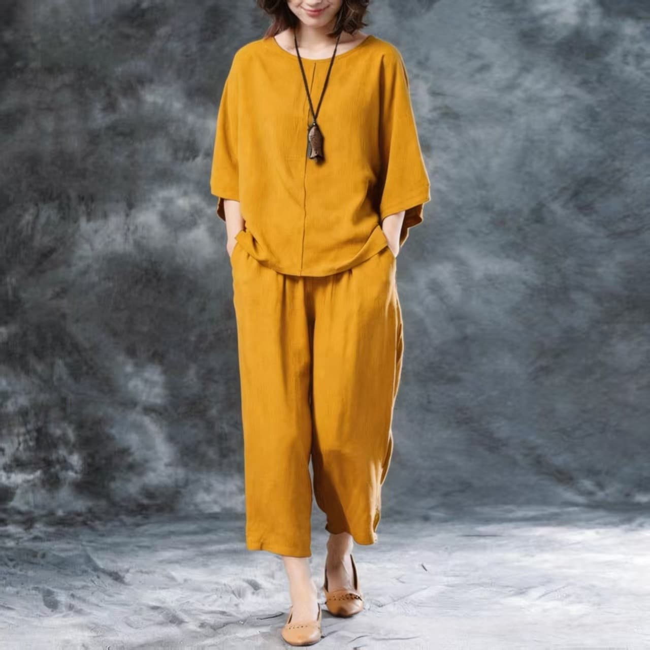 Womens Solid-Color Casual Wide-Leg Pants Set 7