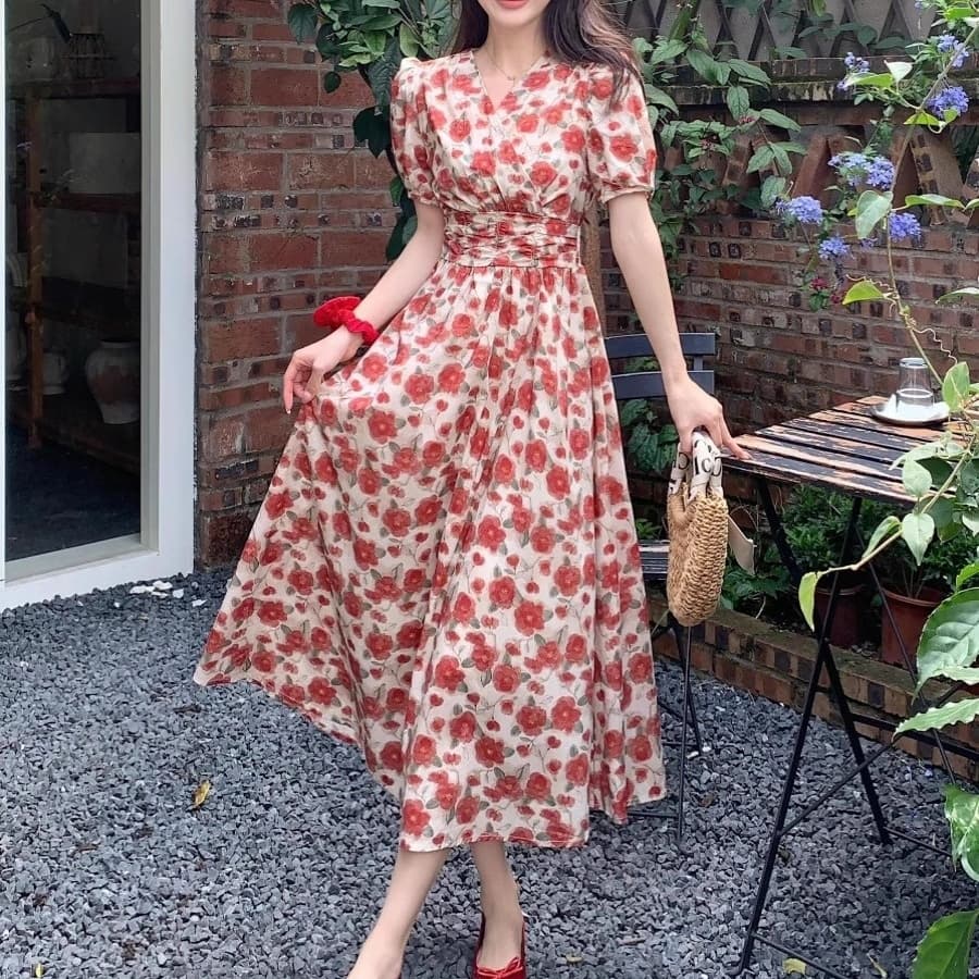 French-style Vintage Red V-neck Floral-print Dress For WomenSummer 2
