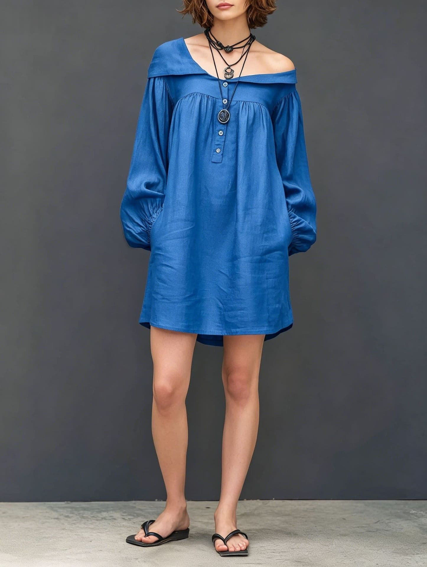 Womens Long-sleeved Mini Dress With An Asymmetrical Neckline 2