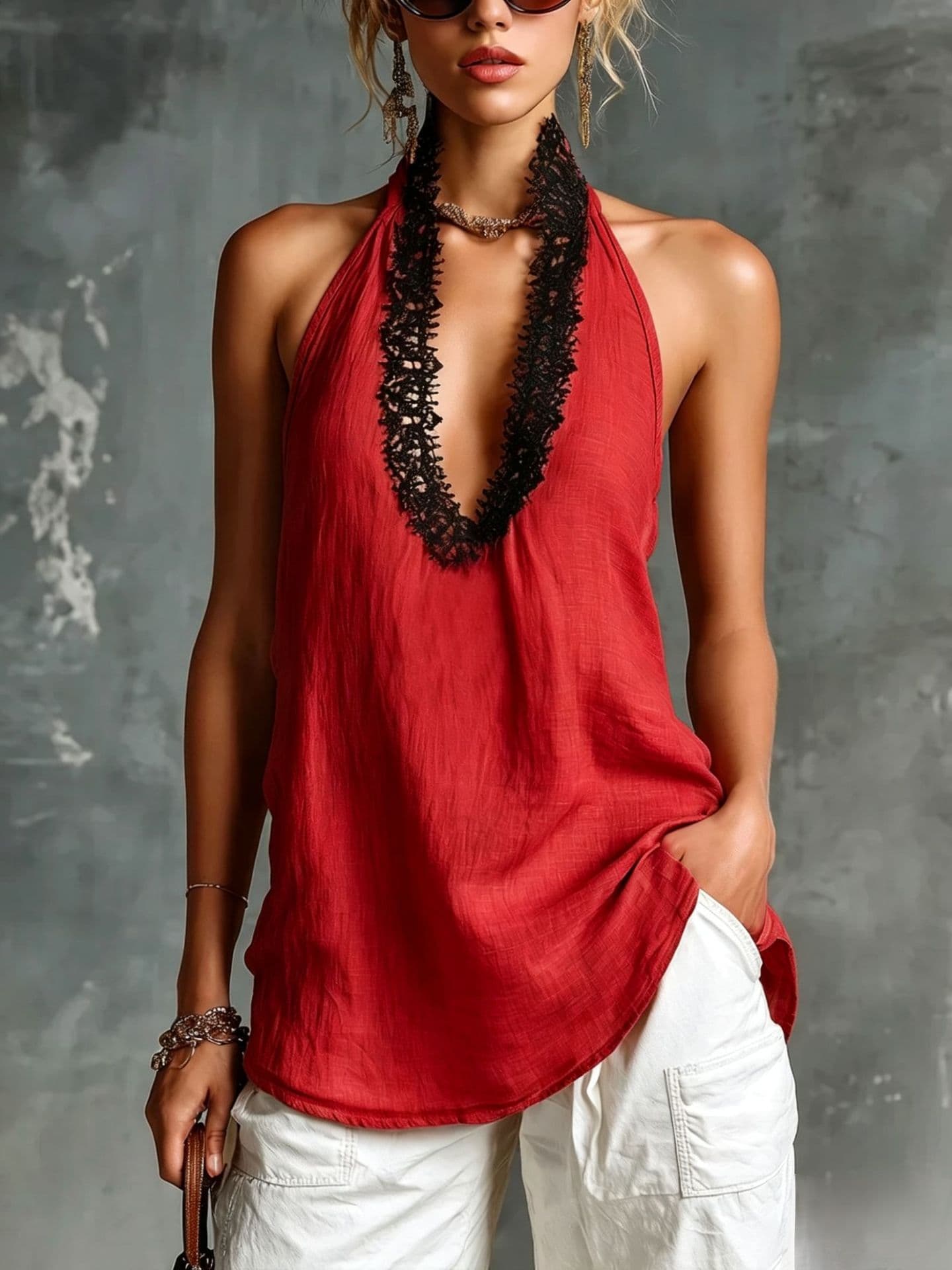 V-neck Sleeveless Halter Lace-trimmed Cotton-linen Vest 8