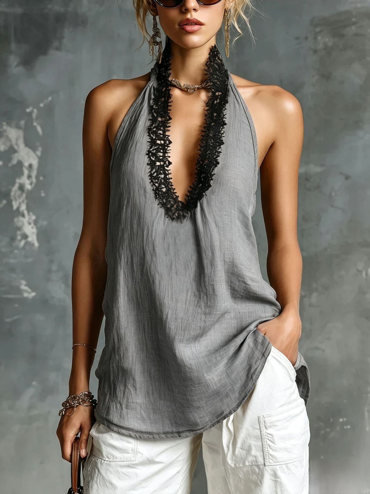 V-neck Sleeveless Halter Lace-trimmed Cotton-linen Vest 4