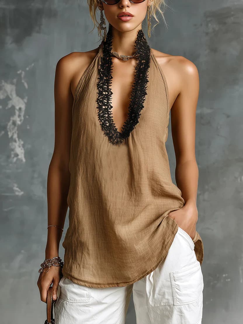 V-neck Sleeveless Halter Lace-trimmed Cotton-linen Vest 6