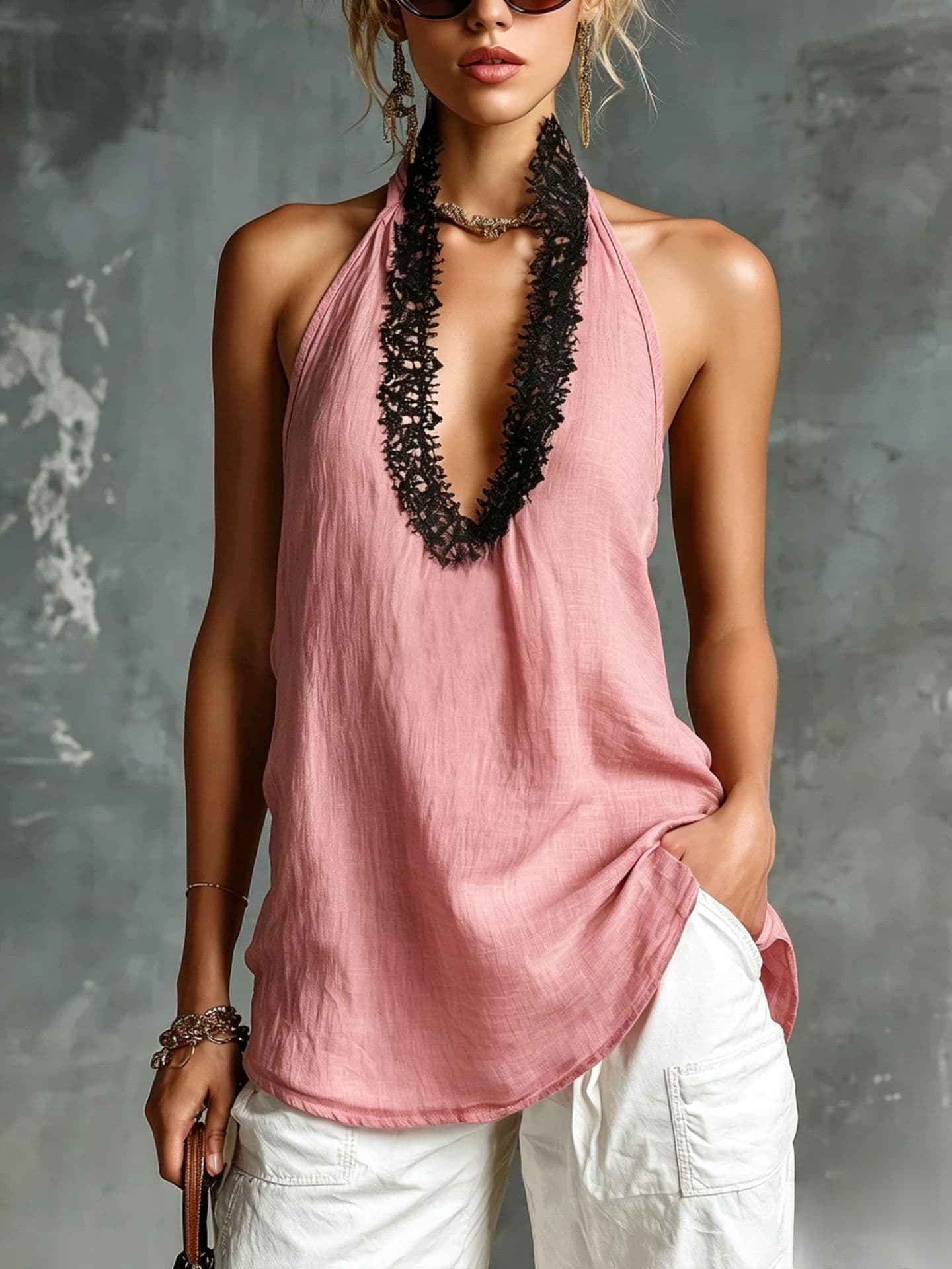 V-neck Sleeveless Halter Lace-trimmed Cotton-linen Vest 3