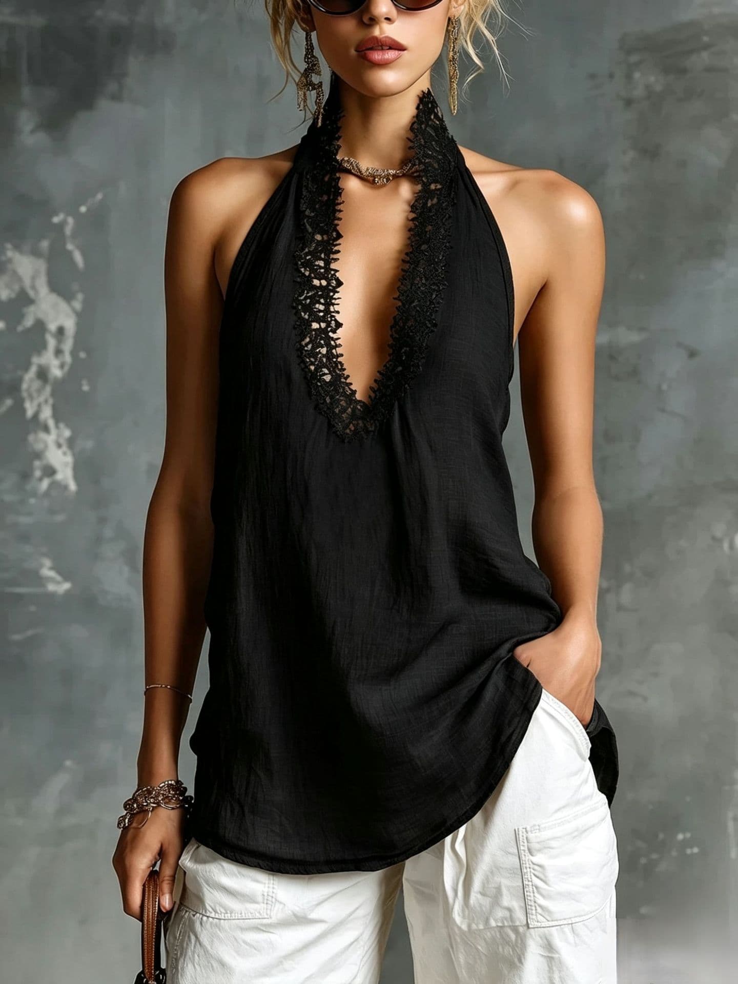 V-neck Sleeveless Halter Lace-trimmed Cotton-linen Vest 7