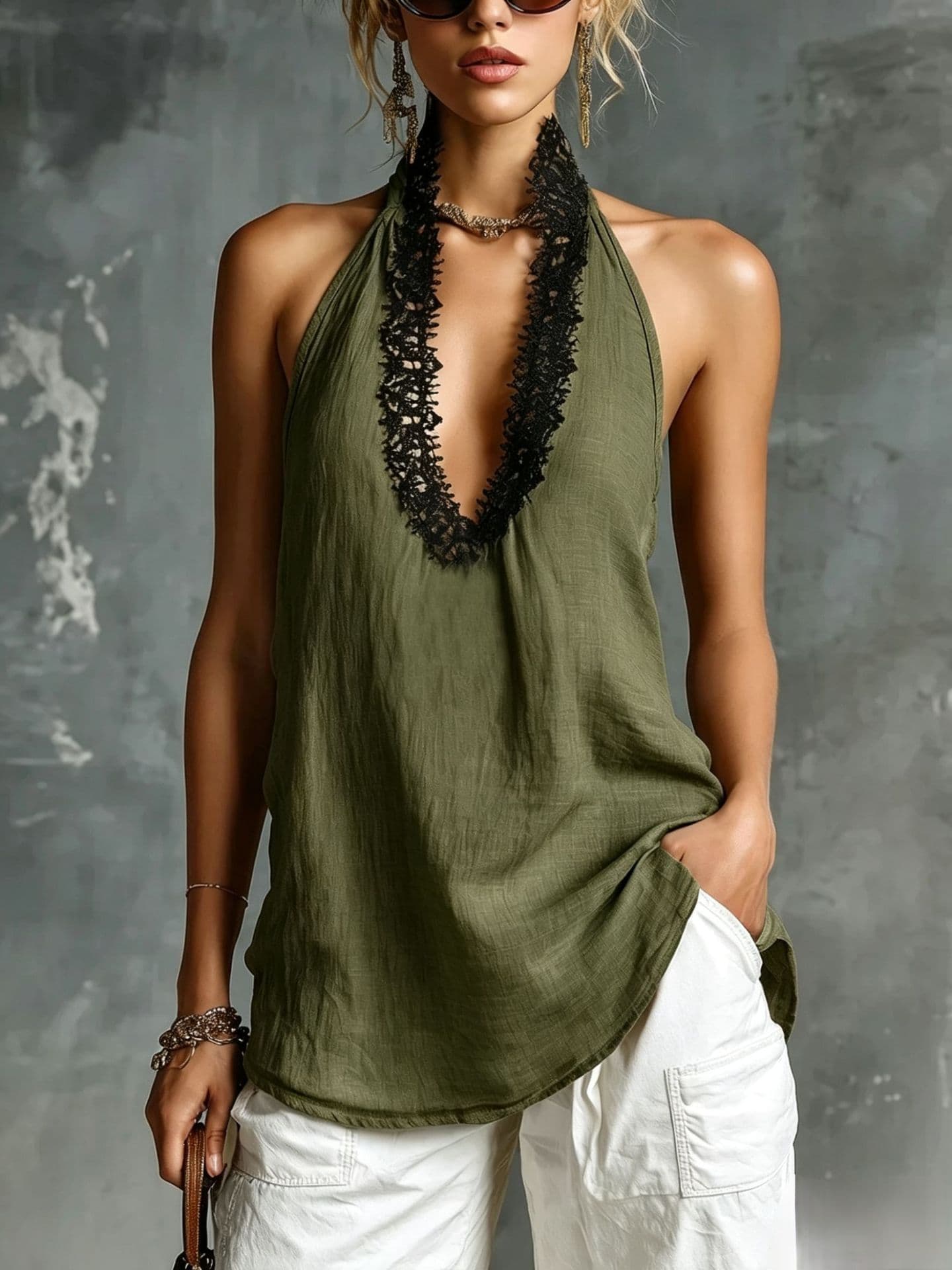 V-neck Sleeveless Halter Lace-trimmed Cotton-linen Vest 12