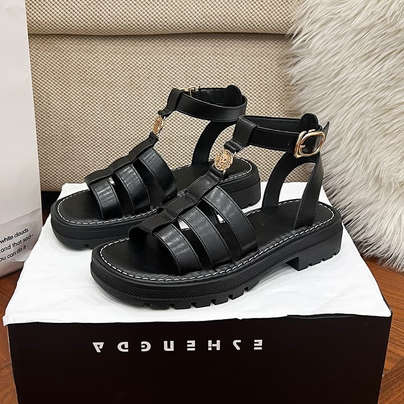 Summer Height-increasing Thick-soled Genuine Leather Retro Roman Flat Beach Sandals Flat Heel 3
