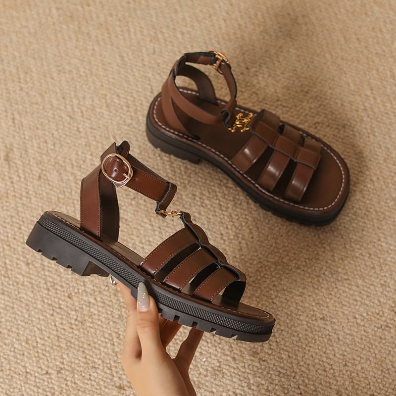 Summer Height-increasing Thick-soled Genuine Leather Retro Roman Flat Beach Sandals Flat Heel 6
