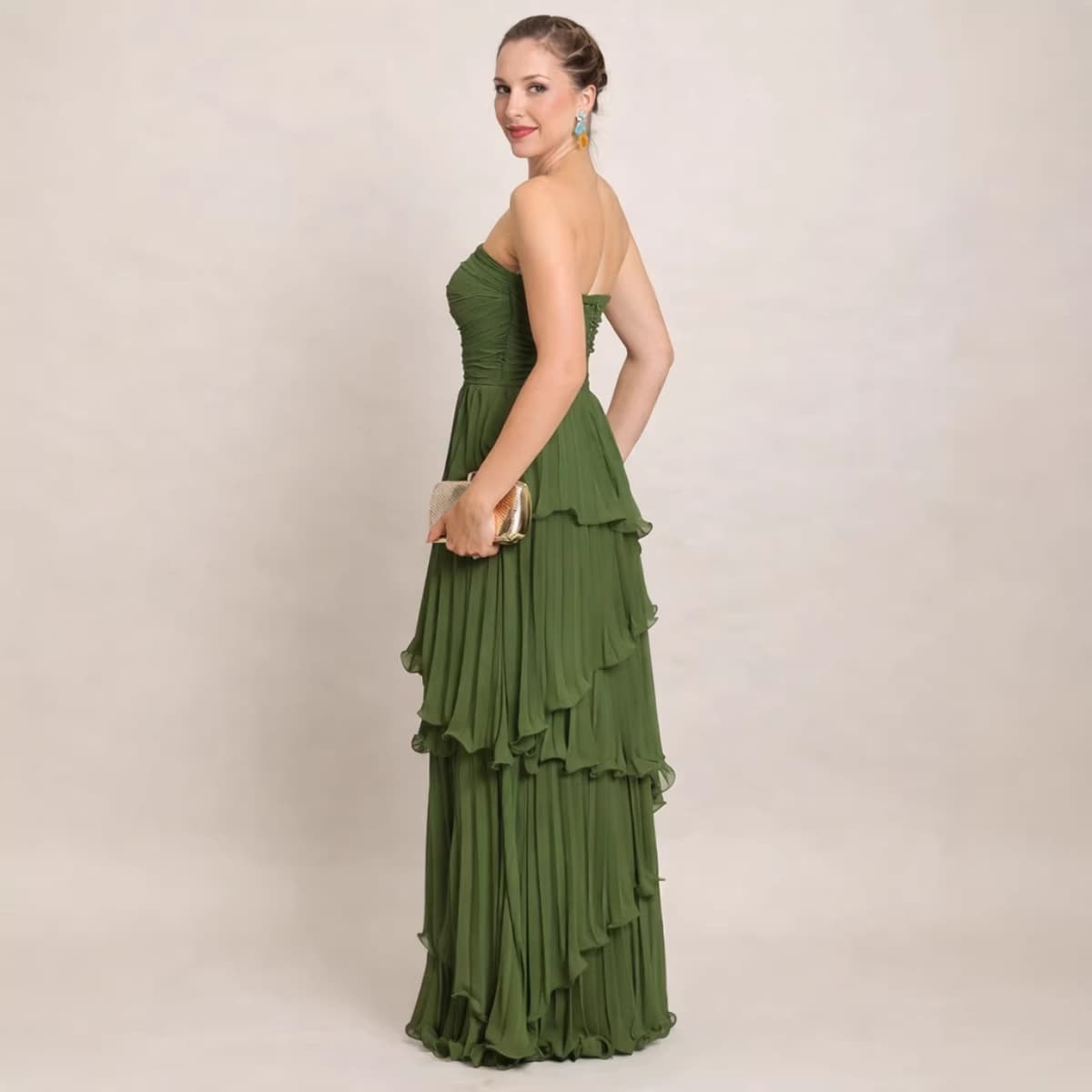 Solid-color Strapless Waist-cinching Tiered Pleated Dress 10