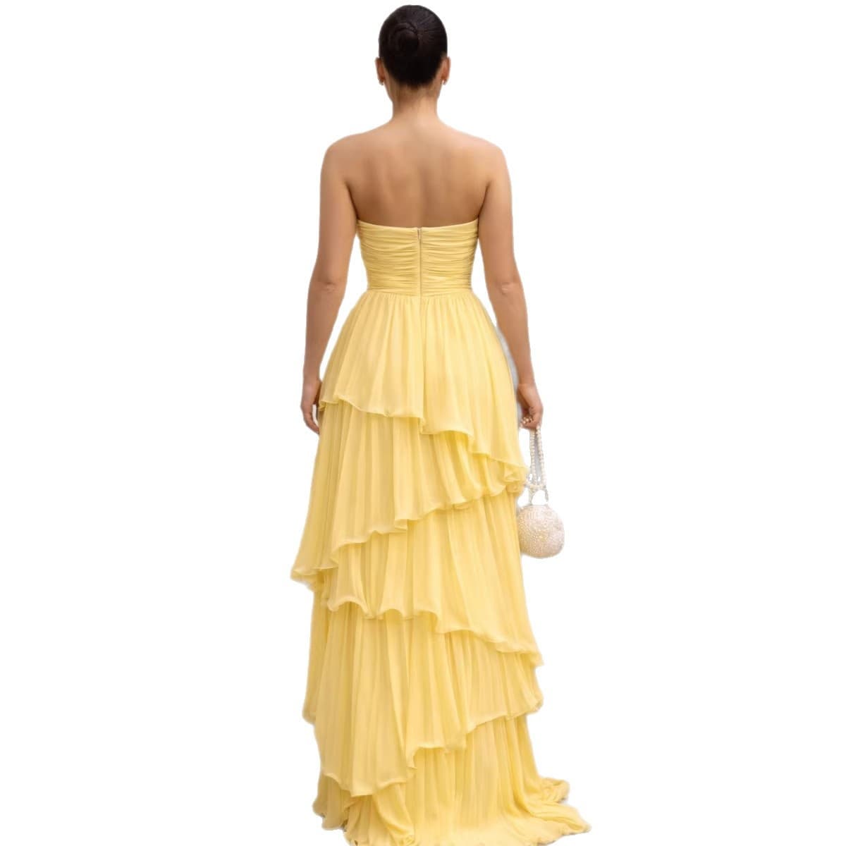 Solid-color Strapless Waist-cinching Tiered Pleated Dress 3