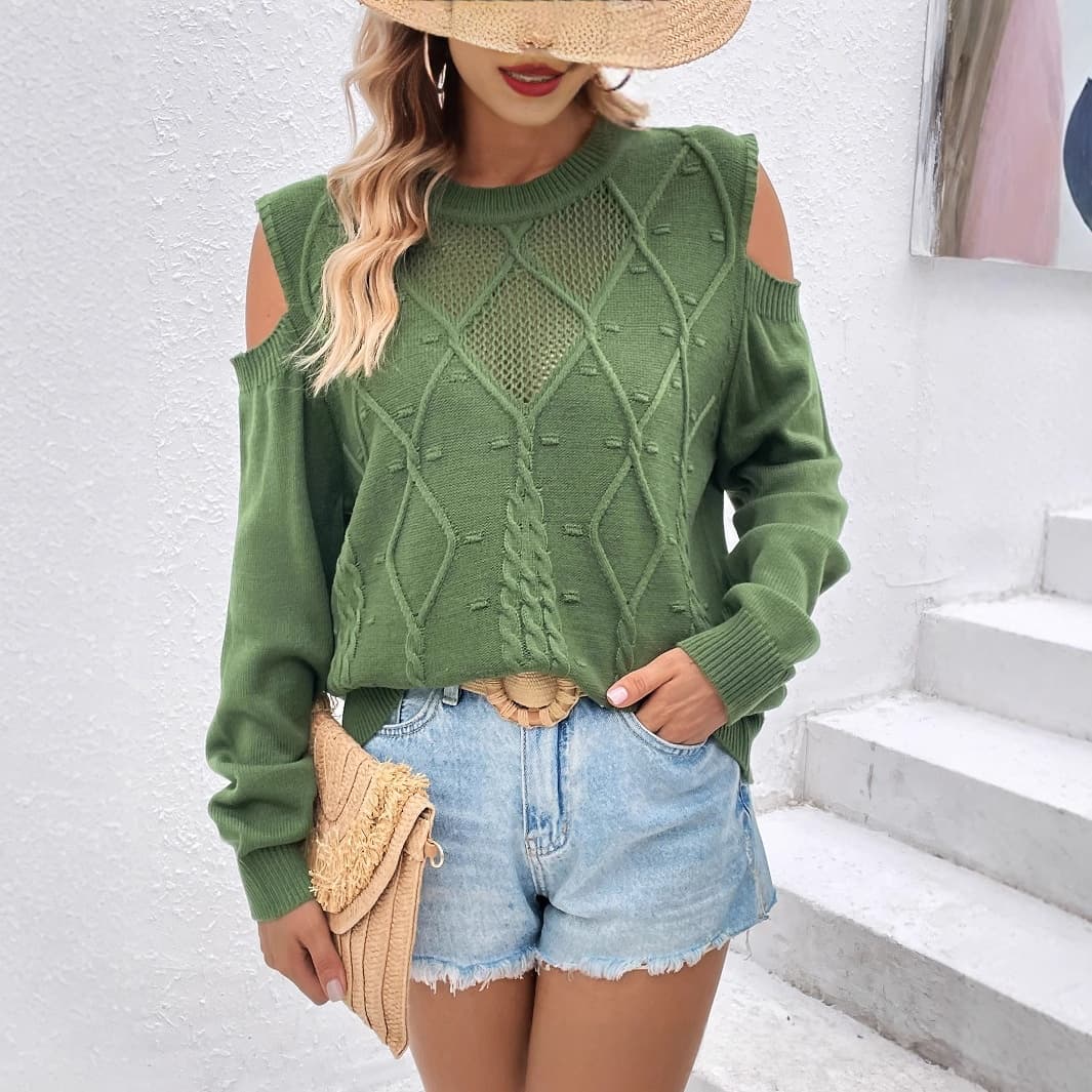 Casual Hollow-out Off-shoulder High-end Knit Pullover Long-sleeve Sweater