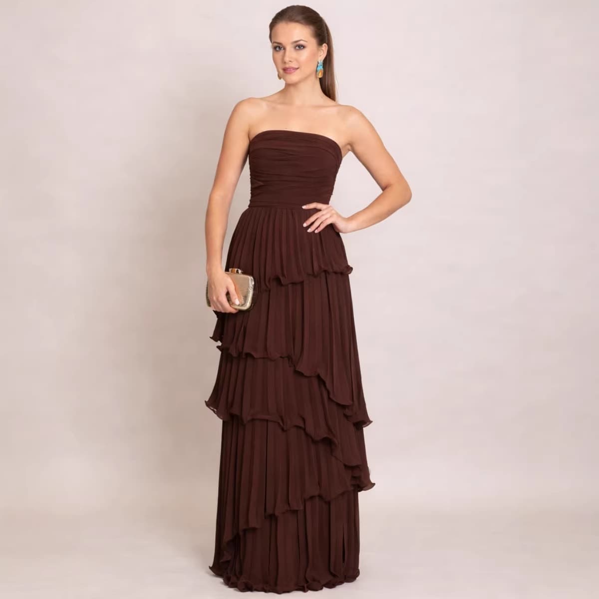 Solid-color Strapless Waist-cinching Tiered Pleated Dress 5