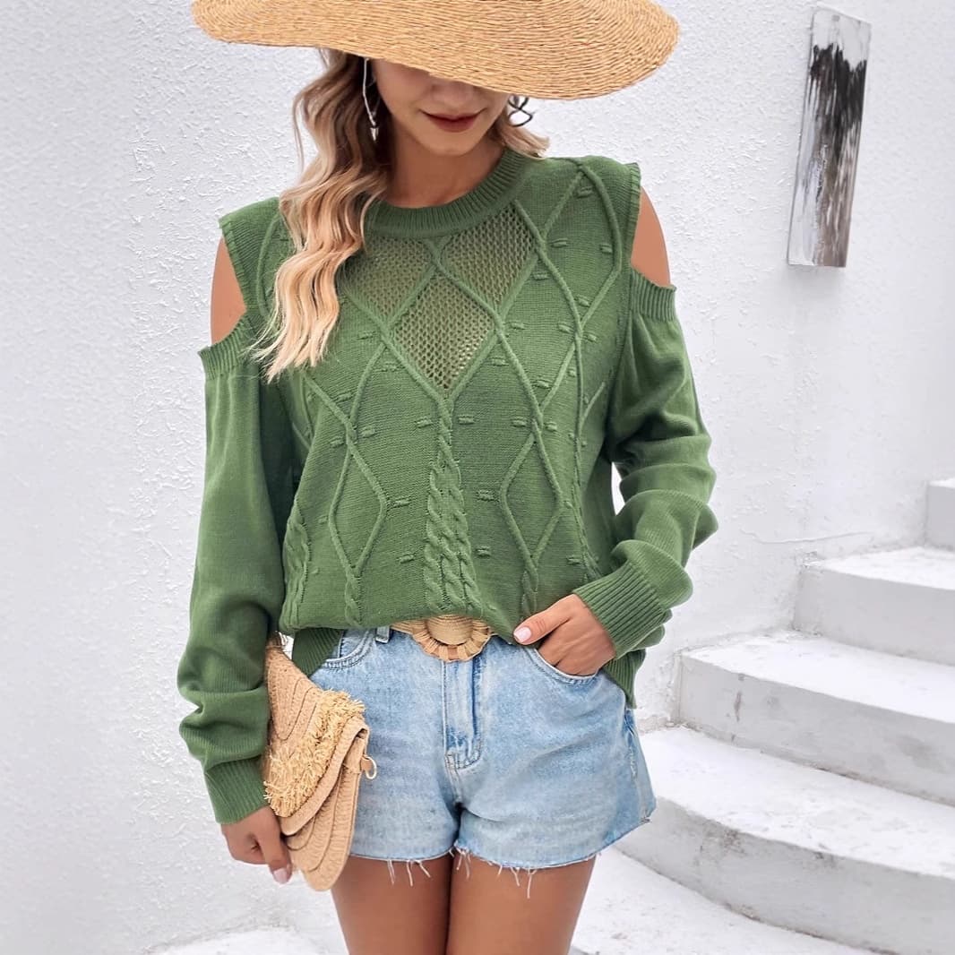 Casual Hollow-out Off-shoulder High-end Knit Pullover Long-sleeve Sweater 4