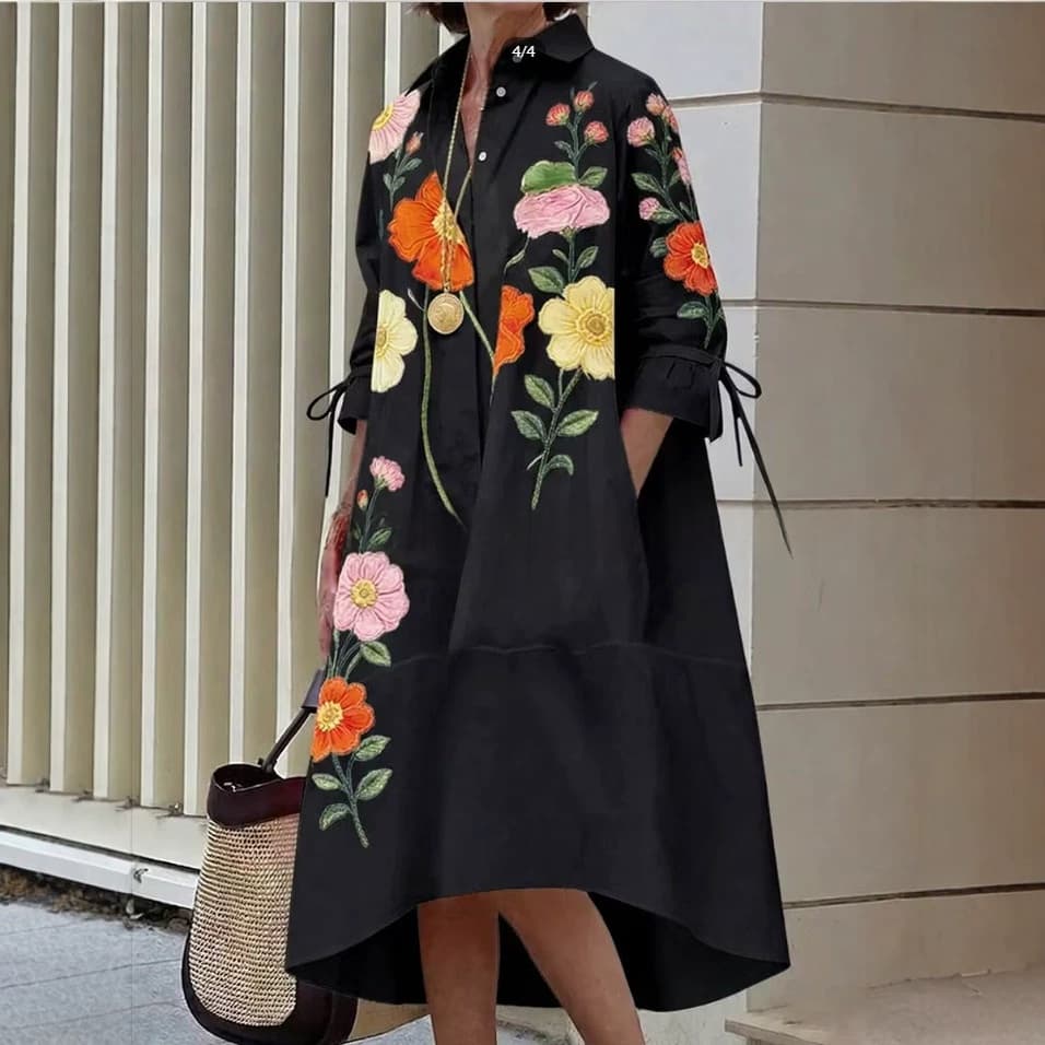 Womens Printed Casual Loose-Fit Shirt Dress 2