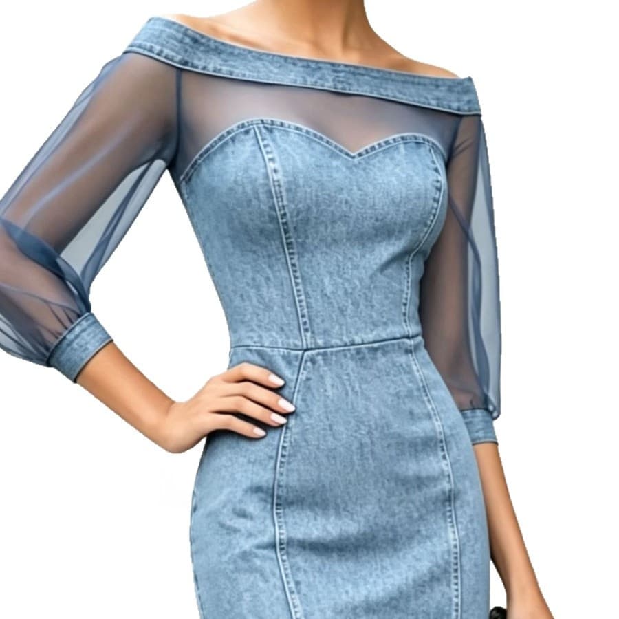 Mesh-panel Denim Off-the-shoulder Sheath Dress 3