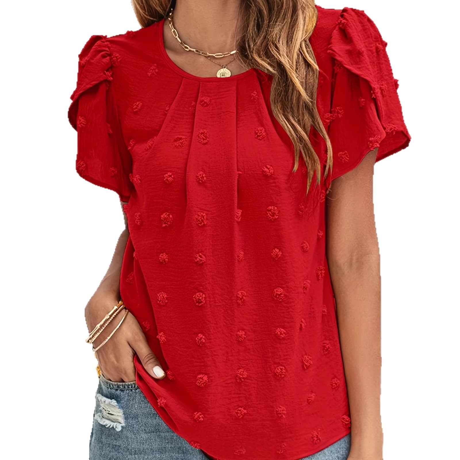 V-neck Ruffled Chiffon Top With Puff Sleeves And Pom-poms 5