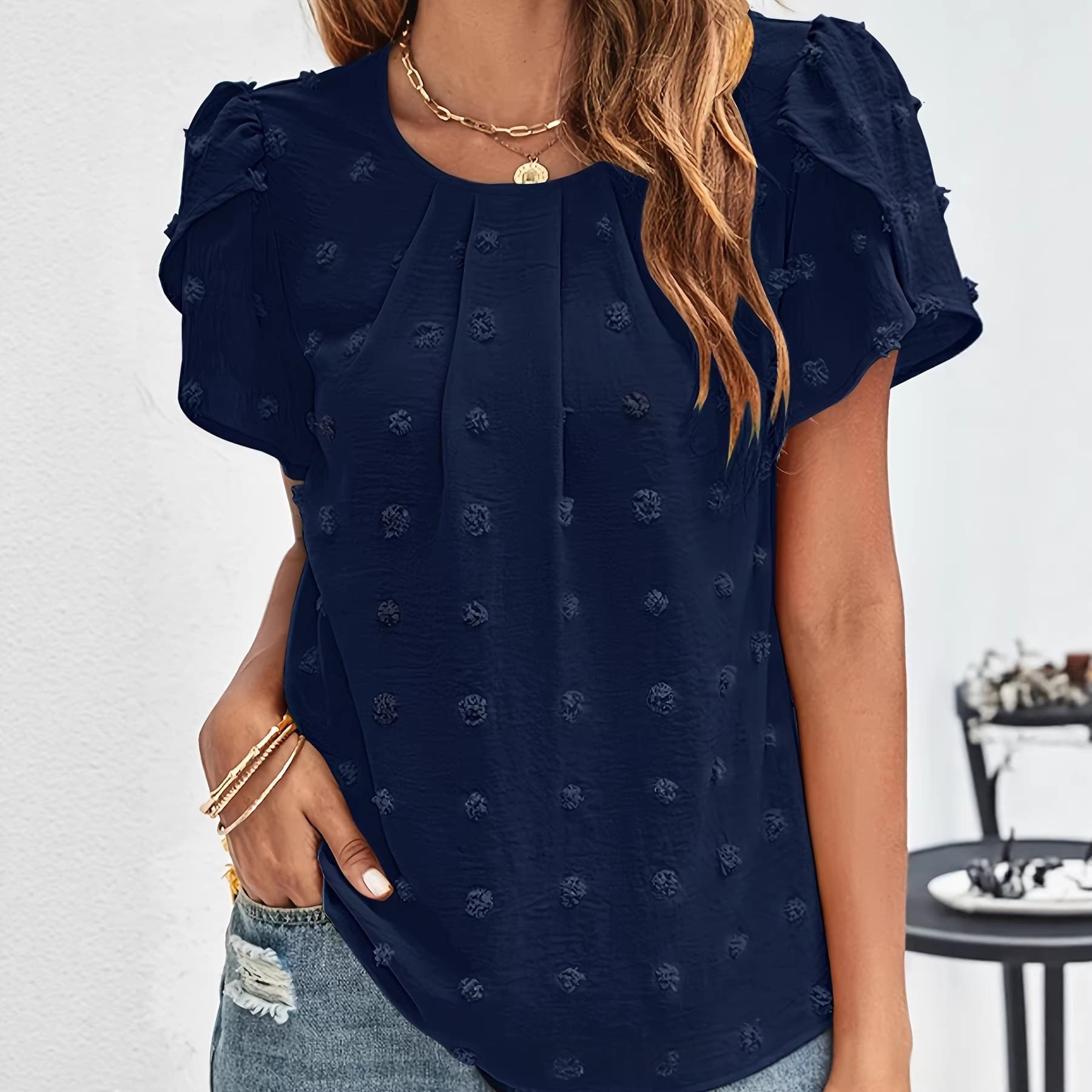 V-neck Ruffled Chiffon Top With Puff Sleeves And Pom-poms 2