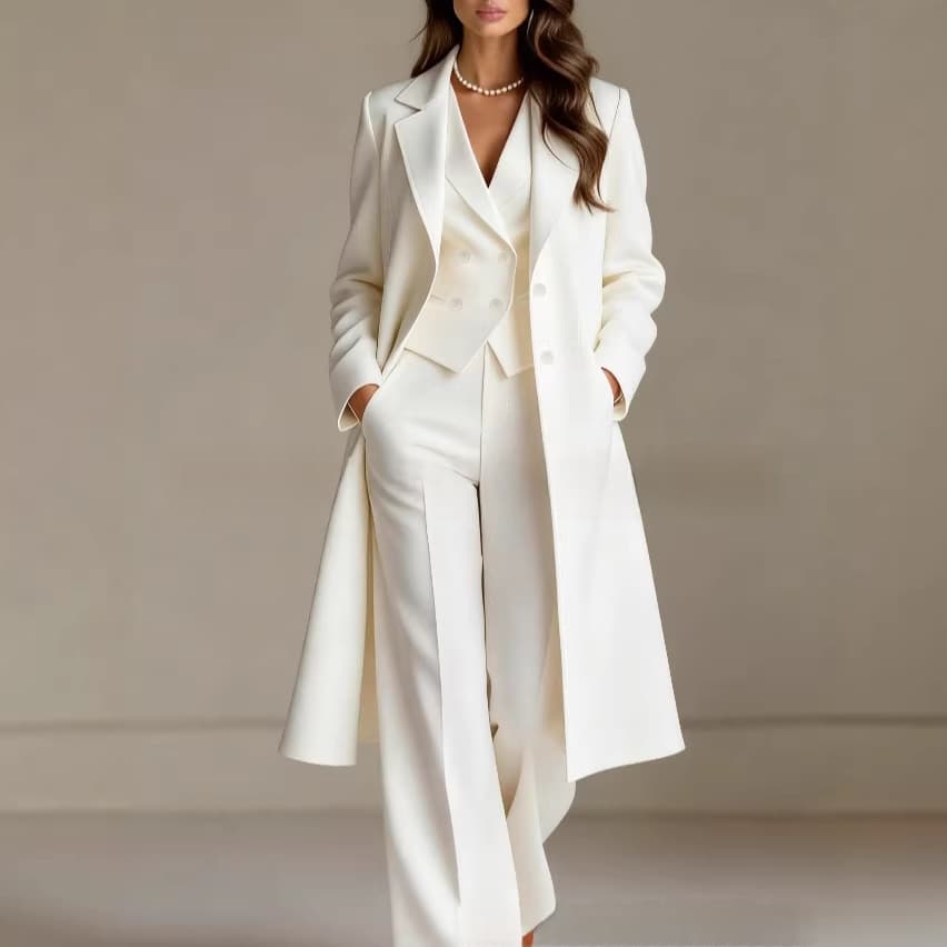 Solid-color Chic And Elegant Trench Coat And Suit Pants Three-piece Set 3