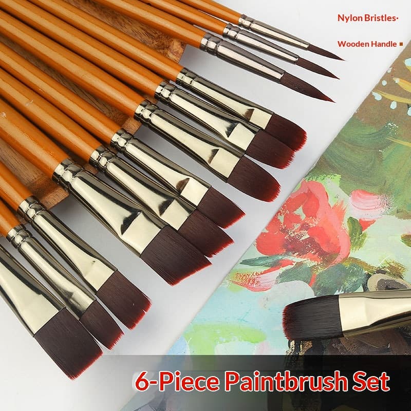 Six-piece Set Of Wooden-handled Watercolor Brushes With Nylon Bristles 3
