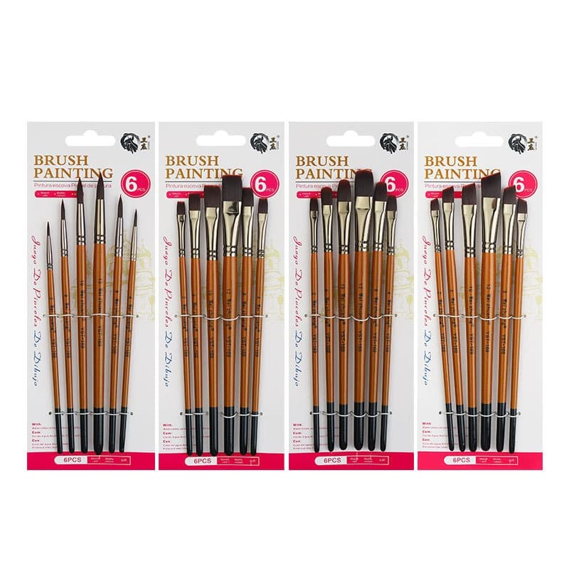 Six-piece Set Of Wooden-handled Watercolor Brushes With Nylon Bristles 5
