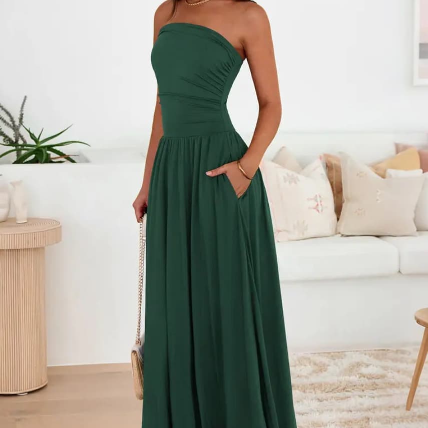 Vintage-tinged Pleated Patchwork Strapless Evening Dress 5