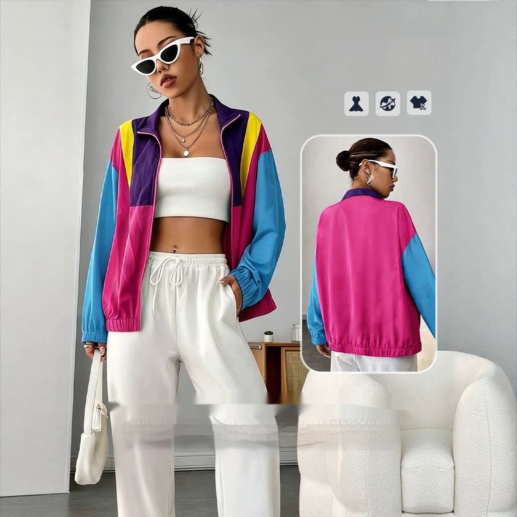 New Summer Casual Color-block Patchwork Zip-up Jacket For Women 5