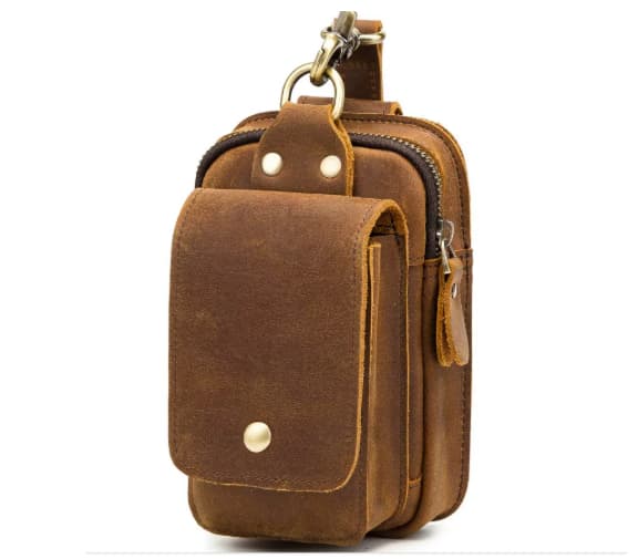 Retro Top Layer Cowhide Phone Bag, Crazy Horse Leather Men's Belt Waist Bag 4