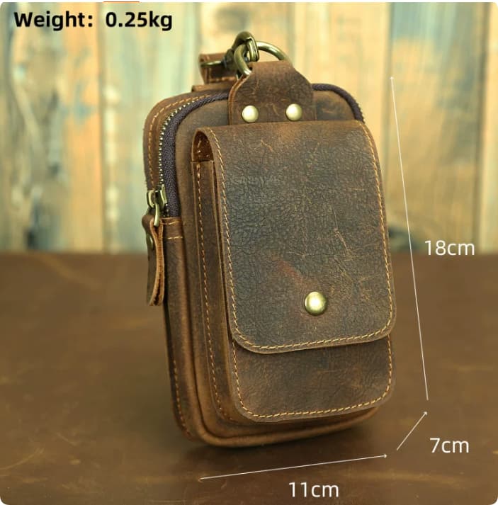 Retro Top Layer Cowhide Phone Bag, Crazy Horse Leather Men's Belt Waist Bag 6