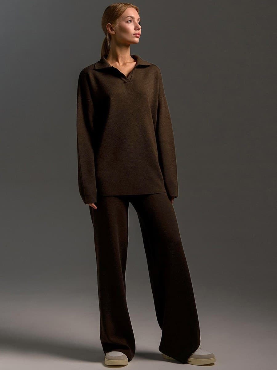 Womens Solid-color Polo-collar Wide-leg Pants Set 6